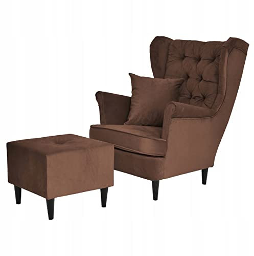 Family Meble Ohrensessel mit Hocker, Modell Gaja, Skandinavisch, Relaxsessel aus Webstoff, Loungesessel, Ohrensessel mit Hocker, Bequemer Sessel, Für Wohnzimmer, Esszimmer, Schlafzimmer, Dunkelbraun