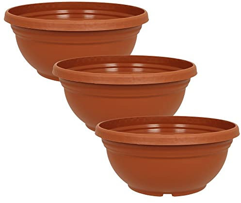MePla - 3 Stück Pflanzschale Orion mit Bodenloch ø23 cm, Terrakotta, wetterfest aus UV-beständigem Kunststoff