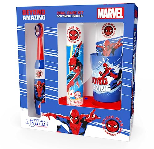 Marvel Spiderman LED Gift Pack for Kids with Toothpaste, Battery Powered Toothbrush, Beaker and Base with 2-Minute Flashing Light-Timing Tower by Mr.White