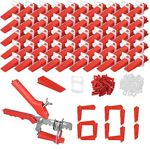 601PCS 3mm Tile Leveling System 500pcs Tile Spacers Plus 100 Tile Wedges Tile Spacers 3mm Set Tile Leveling System 3mm with Push-fit Pliers for Wall and Floor Tiles