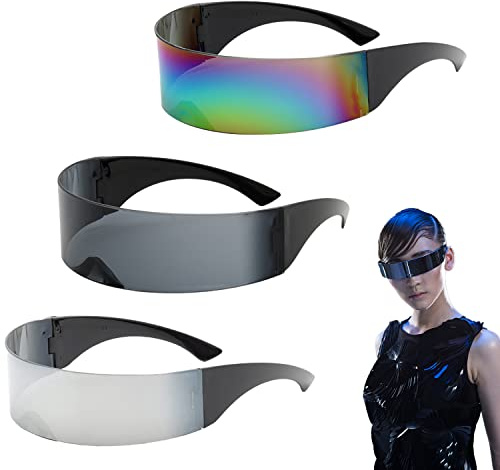 LSYYSL 3 paia di occhiali da sole futuristici, divertenti occhiali da festa a specchio, occhiali sottili per Halloween, cosplay, carnevale, club (grigio, argento, colorati)