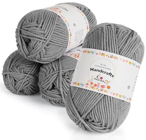 Aeelike 480 Yards Soft Acrylic Yarn, 4 Pcs Assorted Colors Fine-Sport Yarn Ball for Crochet & Hand Knitting Weaving DIY Craft - Grey