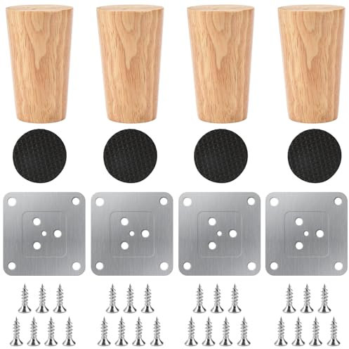 4 Piezas Patas para Muebles Madera, 8cm Patas de Madera para Muebles, Patas de Repuesto para Muebles, con Placa de Montaje, Tornillos y Protector Antideslizante, para Sofá Cama, Sillón y Gabinete