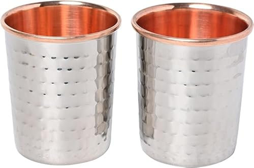 ANCIENTIMPEX Lot de 2 gobelets en acier inoxydable martelé et intérieur en cuivre pur pour bienfaits ayurvédiques pour la santé ayurveda – Capacité de 250 ml, ANC-CT-75