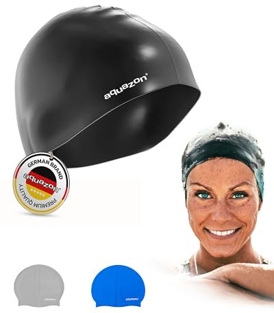 AQUAZON Premium Badekappe Damen, Herren für Erwachsene - extra Flexibles Silikon für angenehmes Tragegefühl - Bademütze mit UV Schutz - Badehaube inkl. Dry Bag für Aufbewahrung