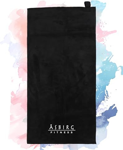 Asbirg Fitness Mikrofaser Handtuch - mit Magnet & 2 Reißverschlusstaschen | schnelltrocknend & leicht | 100x50 cm | Schwarz