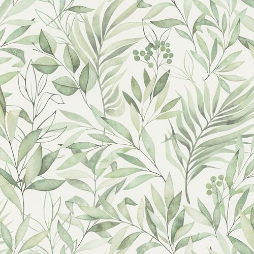 Carta da parati 286052, carta da parati chiara con foglie verdi in moderno effetto acquerello, 10,05 m x 0,53 m