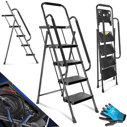 MASKO® Escabeau pliant à 4 marches avec mains courantes - Charge maximale : 150 kg - Antidérapant - Avec gants - Porte-outils et serrure automatique - Noir