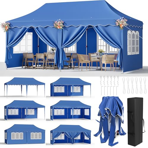 3mx6m Pop Up Gazebo,Waterproof Folding Tent with 6 Removable Sidewalls,6 Sandbags & Storage Bag,UPF50+ Marquee Canopy Outdoor Pavilion,Event Shelter for Garden Party Wedding Market (Blue)