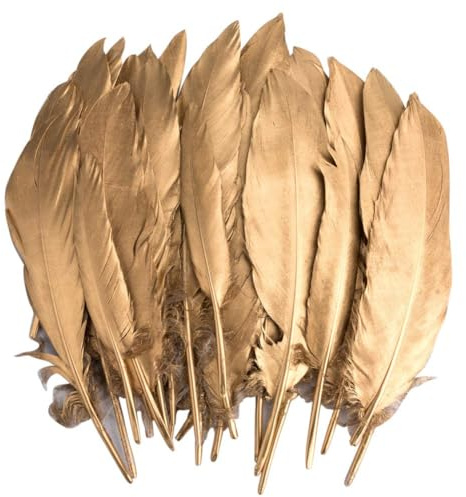 PLUSHCEWT Gold Feathers for Crafts, 40 Pcs Natural Goose Feathers with Gold Tips for DIY Wedding, Party, Dream Catchers, Angel Wings, Christmas Tree, and Holiday Decorations (Feather A)