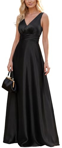 Ever-Pretty Women Maxi Dresses Bridesmaid Dress Pleated A-Line Satin Sleeveless Dress with Double V Elegant Evening Dress Black 8UK