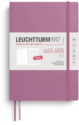 LEUCHTTURM1917 372803 Veckokalender och anteckningsbok medium (A5) 2026, 18 månader 07.2025-12.2026, Softcover, Dusty Rose, engelsk