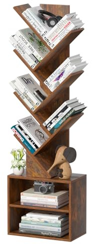 SHEEPAM 10 Tier Tree Bookshelf,Floor Standing Wood Tall Bookcase for Narrow Space, Storage Organizer Bookshelves for Books, Book Case for CDs/Movies/Books,Home Office,Living Room, Bedroom