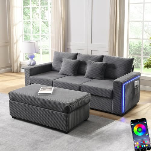 Canapé 3 Places Moderne en Forme de L, Canapé modulaire avec LED et Pouf Amovible surdimensionné, Fauteuil rembourré avec Une Sensation d'assise Semblable à Un Nuage, pour Salon (Antique Gris)