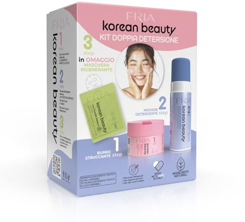 Fria Korean Beauty Kit Doppia Detersione, Burro Struccante Korean Beauty + Mousse Detergente Korean Beauty + Maschera Viso Rigenerante Fria Korean Beauty in Omaggio