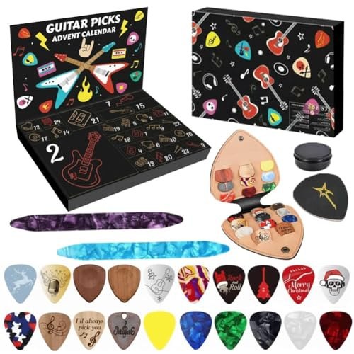 Gitarrplektrum adventskalender 2025, 24 dagar med musikaliska överraskningar för alla som älskar musik och rock, julnedräkningskalendrar med 20 livliga plektrum, 2 Oud Pick, en hållare