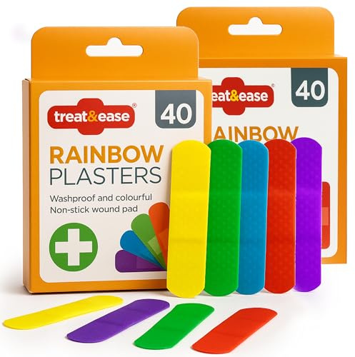 Treat & Ease 80pk Colourful Rainbow Plasters - Washproof Non-Stick Wound Pad for Boys, Girls, Toddlers & Babies, Fun, Bright, Cheerful, Coloured Adult & Children's Adhesive Bandage, Kids First Aid Kit