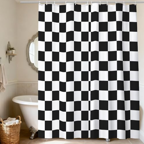 AUYAO Duschvorhang Retro Karo Muster Duschgardine 180x200 cm Duschvorhang Wasserdicht Badevorhang Anti Schimmel Stoff Duschvorhänge Mit 12 Haken Vintage Design Shower Curtains Badewanne Schwarz+Weiß