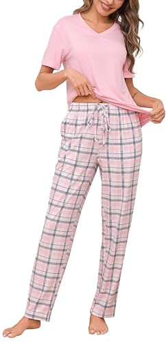 Aseniza Pijama Mujer Algodón Conjunto de Dormir Verano Camiseta de Manga Corta y Pantalón Largo a Cuadros Ropa de Casa Cómoda
