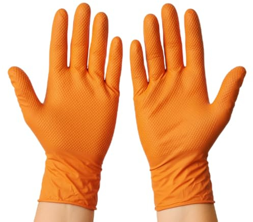 TYGA Orange Nitrile Diamond Pattern Gloves Disposable, Heavy Duty, Latex Free Nitrile Gloves for Cleaning, Automotive, DIY, Catering & General Use, Large (Pack of 100)