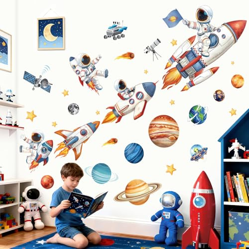 decalmile astronaut raket väggklistermärken yttre rymden planeter solsystem pojkar väggdekaler baby barnkammare barn sovrum lekrum heminredning