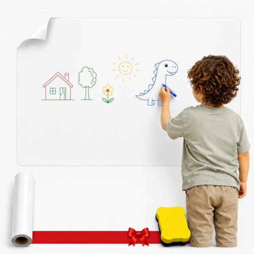Lot de 15 feuilles de papier statique pour tableau blanc mural, 43 x 80 cm, réutilisables, effaçables à sec, avec gomme, support de marqueur et onglets de montage, tableau blanc autocollant pour