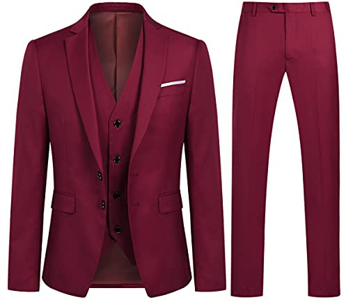 YOUTHUP Abito da Uomo 3 Pezzi Completo Eleganti in Matrimonio e Slim Fit Blazer Gilet Pantaloni, Vino Rosso, M