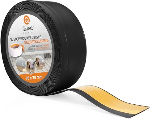 Quest Mjuk Golvlist Självhäftande, Mjuk Sockellist – 70 mm x 20 mm – avslutningslist, bred böjbar list – för väggar, golv – PVC, flexibel, vattentät, dekorativ (Svart, 5m)