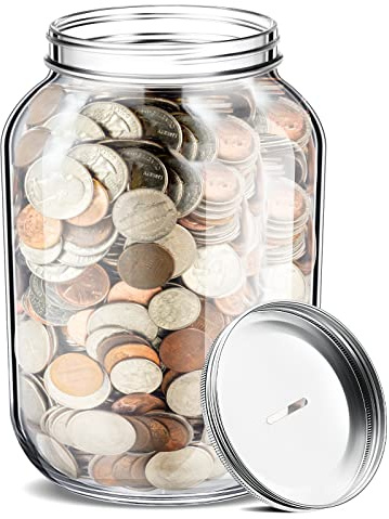 Yinkin 1 Gallon Large Clear Coin Bank Jar with Slotted Lid Large Piggy Change Bank for Adults Teens Holds About 3000 in Coins Glass Money Tip Change Savings Jar for Raffle Ticket Fund Adults Gift