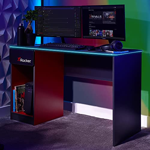 X-Rocker Carbon-Tek 120cm x 50cm, RGB LED Gaming Desk - Neo Fibre Lighting, Built-In Drawer, PC Storage Shelf, Free Standing, Durable, Sturdy Wooden Frame for Kids & Teens - Grey & Red
