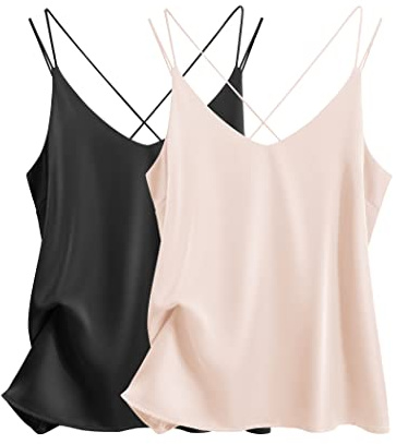 Ekouaer Womens 2 Pack Cross Back Silk Satin Camisole Tank Top V Neck Sexy Spaghetti Strap Cami Sleeveless Lounge Tops Black+Champagne