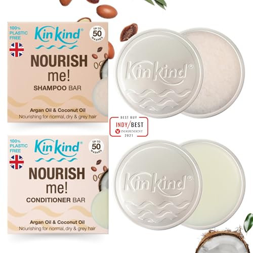 KinKind NOURISH me! Travel Shampoo and Conditioner Bar Set. Up to 50 washes. Argan Oil & Coconut Oil Shampoo Bar and Conditioner & Soap Tin for each bar. UK made, No leakage, less space, less weight
