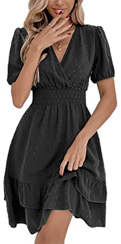 MAFA Vestiti Casual da Donna Estivi Autunno Elegante a Pois Abito a Maniche Lunghe Vestito Scollo V Abiti Corto con Volant e Vita Alta A-nero M