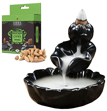 SOUL STICKS Backflow Incense Holder Burner Waterfall Fountain for Home, Office, Yoga, Room Decor & Aromatherapy with 1 Pack of 10 Backflow Fragrance Cones Included (Waterlily)