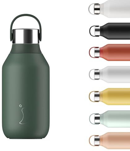 Chilly's Series 2 Borraccia - Borraccia in Acciaio Inossidabile con Isolamento Sottovuoto, Collare Morbido e Anello di Trasporto, Borraccia Termica per Bevande Calde e Fredde - Pine Green, 350ml