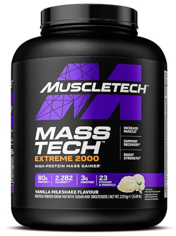 MuscleTech Extreme 2000 Mass-Gainer Proteinpulver, Muscle-Builder Molkenproteinpulver, Protein + Kreatin + Kohlenhydrate, Max-Protein Gewichtszunahme für Frauen und Männer, Vanille-Milchshake, 6lbs