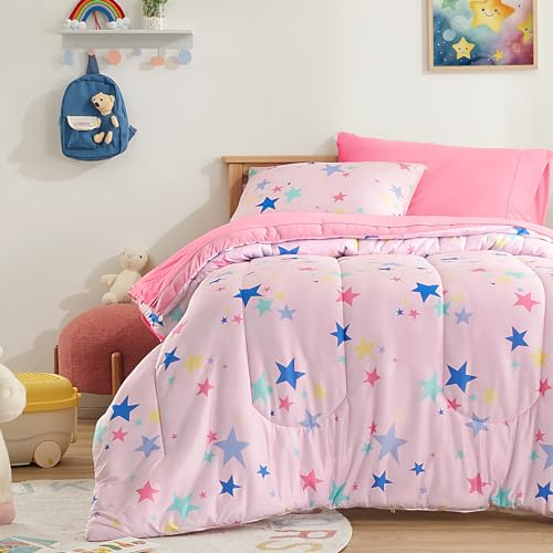 SLEEP ZONE Juego de edredón para niños, juego de ropa de cama de 3 piezas de punto jersey para niñas, suave, transpirable, lavable, fácil cuidado (estrellas coloridas, matrimonial/queen)