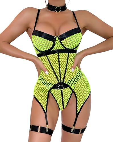 EVELIFE Ensembles de Lingerie pour Femmes Body en Résille Sexy avec Jarretelles Cuisse Ras du Cou Sous-Vêtements Nuisettes Sans Bas