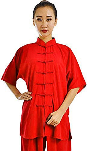 Kampfsportbekleidung, Unisex, Baumwollmischung, kurze Ärmel, Tai-Chi-Anzug, Morgenübungsuniform, Schwarz, Kung-Fu-Kleidung, M. (Rot L)