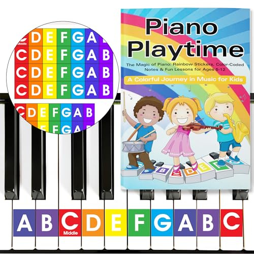 QMG Calcomanía de piano y teclado de color arcoíris y libro de aprendizaje de piano para niños, instrucciones fáciles de seguir para niños, libro de piano para principiantes para niños, partituras de