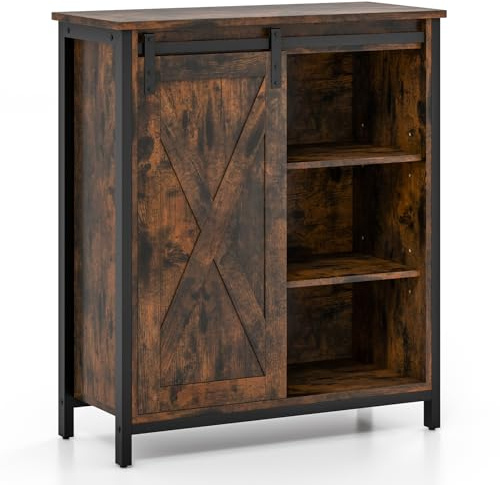 COSTWAY Sideboard, Kitchen Storage Cabinet with 3-Level Adjustable Shelves, Sliding Barn Doors & Anti-slip Foot Pads, Farmhouse Display Organiser Cupboard for Dining Room Living Room