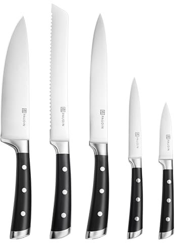 PAUDIN Set coltelli da cucina, set coltelli da cucina da 5 pezzi in acciaio inossidabile al carbonio di alta qualità, set coltelli ultra affilati con coltello da chef, mannaia, coltello multiuso
