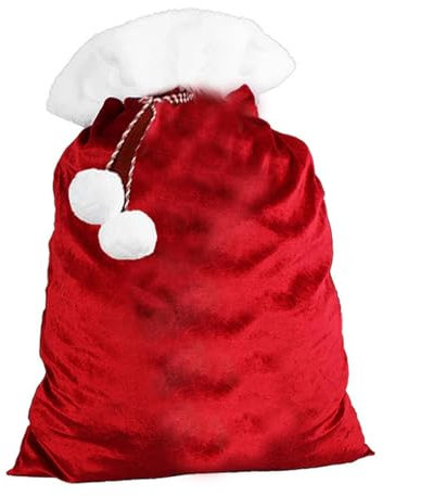 Buystarget XXL Christmas Santa Sack Extra Large (100x75cm) Velvet Santa Sack with Satin Drawstring, Pom Poms, Soft Fur Durable Xmas Bag Stocking Filling Gift Bag Santa Claus Costume X-Mas Decoration