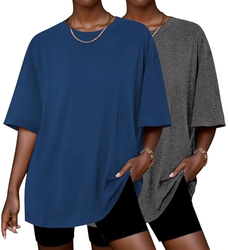 Ekouaer 2 Pack Womens Pajama Tops Short Sleeve Oversized T Shirts Summer Spring Tops 2025 Basic Casual Tee Top Blue/Charcoal XXL