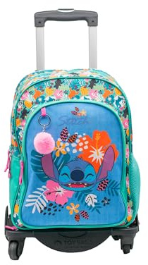 TOYBAGS Sac à Dos Scolaire Stitch Tropical - Double Compartiment - avec Accessoire Pom-Pom - Adaptable + Chariot Noir Protection latérale et Stopper Avant Anti-Chute 4 Roues pivotantes - 44 x 30 x 20