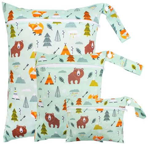 Lunaanda 3 Pack Wet Dry Bags, Waterproof Reusable Cloth Diaper 3 Size Baby Nappy Wet Bags with Zipper for Baby Items Wet Clothes Swimming Camping Travel Gym and Beach, Green Cute Animal Pattern