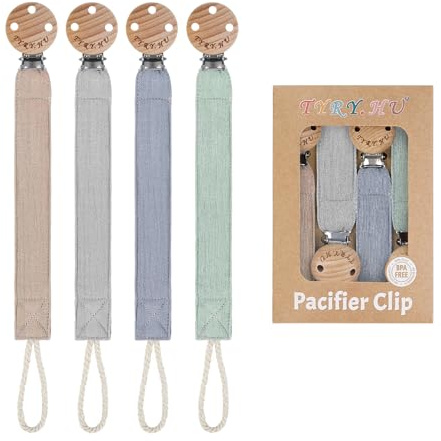TYRY.HU Ribbon Pacifier Clip Holder,4 Pack Binky Paci Holder Clips, Pacifier Leash for Boys and Girls, Soft Webbing Strap Universal Fits for Most Pacifier, Styles & Teethers(Khaki,Grey,Blue,Green)
