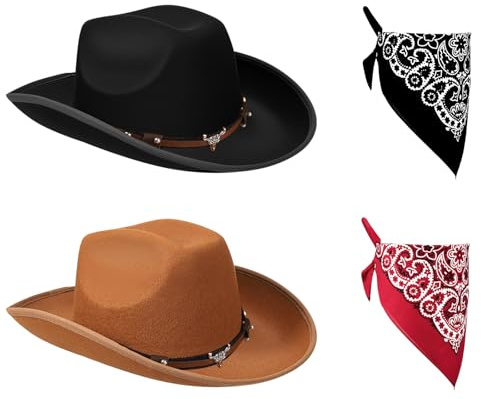 Jokureao Cowboy Hats, 4 Pcs Western Cowboy Hat Set, Unisex Fancy Dress Accessories for Adults, Black & Brown Cowboy Hat with Scarf for Halloween, Hen & Stag Parties