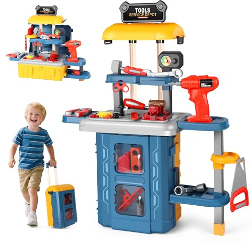 QiquBox 3 en 1 Banco de Herramientas Juguete, 46 Piezas Trabajo Jugete Juego Caja Herramientas Juguetes Cumpleaños Navidad Regalo para Niños Niñas 3 4 5 6 Años
