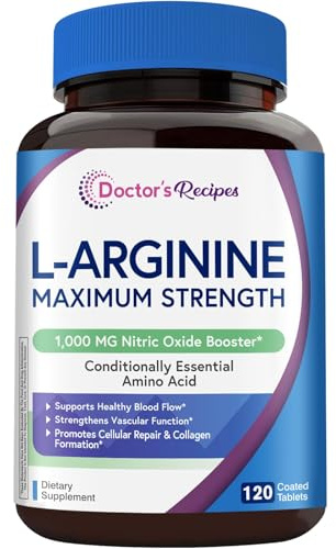Doctor's Recipes L-Arginine 1000mg, Maximum Dose, Nitric Oxide Production, Blood Flow and Vascular Function, Endurance and Workout Support for Men and Women, 120 Coated Tablets
